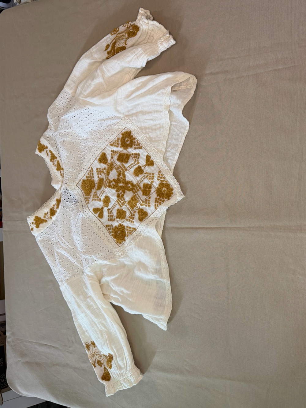 Free People White Peasant Blouse with Gold Embroidery